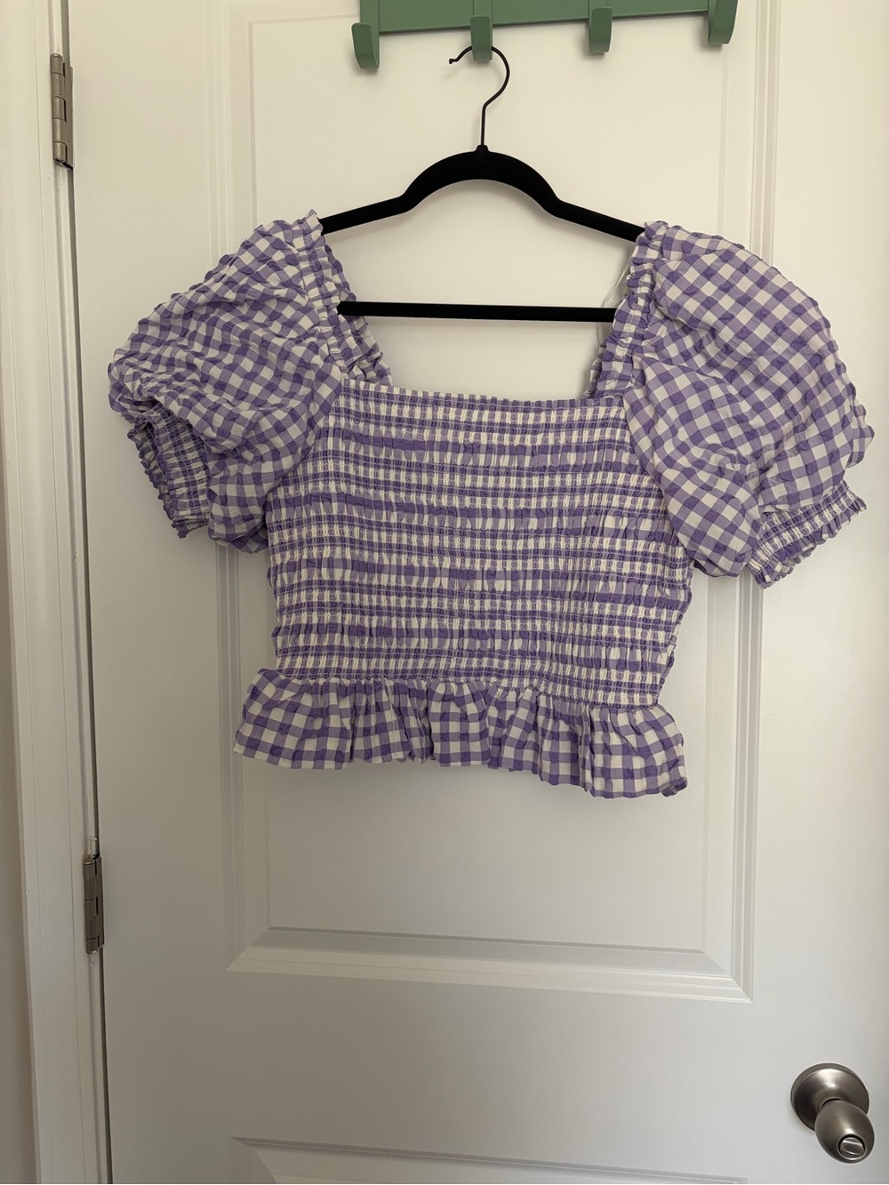 Free the Roses Lavender Gingham Smocked Puff Sleeve Crop Top